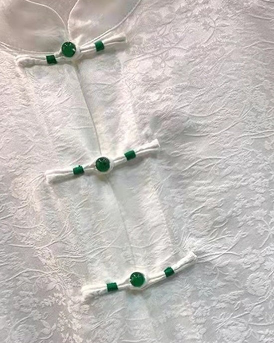 Chinese Style White Stand Collar Button Jacquard Silk Blouse Tops lantern sleeve Chinese Style White Stand Collar Button Jacquard Silk Blouse Tops lantern sleeve