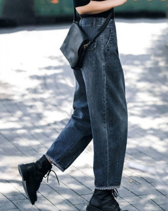 Style Navy High Waist Pockets Harem Casual Fall Denim Pants Style Navy High Waist Pockets Harem Casual Fall Denim Pants