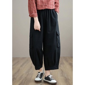 100% Spring Trousers Women's Black Pattern Elastic Waist Pockets Wild Pants
