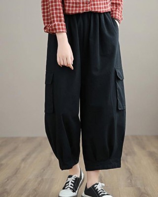 100% Spring Trousers Women's Black Pattern Elastic Waist Pockets Wild Pants