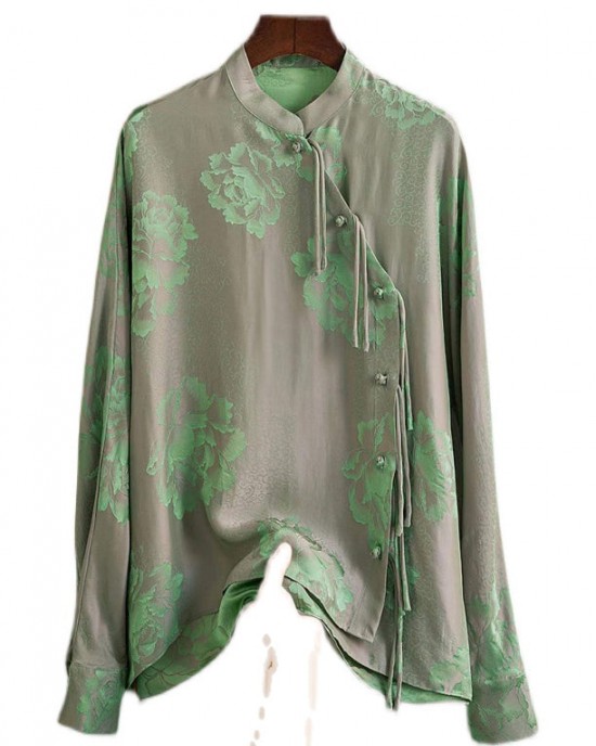 Beautiful Green Mandarin Collar Button Print Silk Shirt Top Spring Beautiful Green Mandarin Collar Button Print Silk Shirt Top Spring