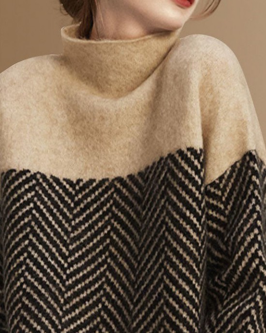 Fashion Khaki Turtle Neck Patchwork Knit Pullover Winter Fashion Khaki Turtle Neck Patchwork Knit Pullover Winter