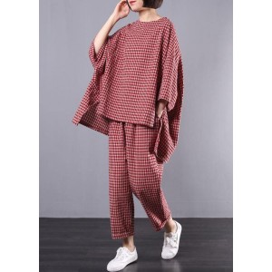 Casual Plus Size Cotton Linen red Plaid Vintage Blouse And Pants Two Pieces Set(Limited Stock)