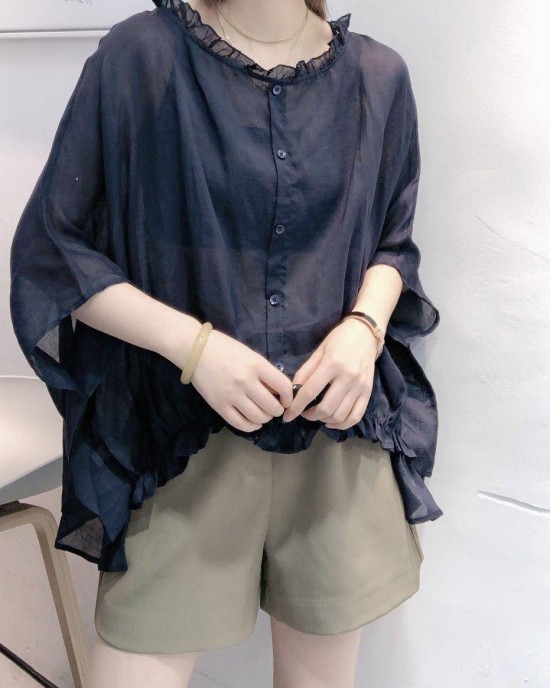 Art Navy Tops Ruffles Trim Half Sleeve Shirts Blouse Plus Size