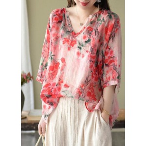 Boutique Pink V Neck Print Loose Fall Half Sleeve Blouses