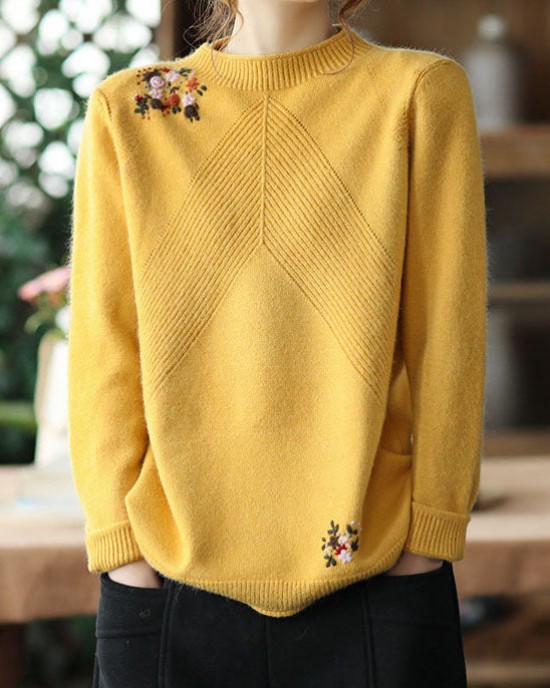 Casual Yellow Embroideried Floral Knit Sweater Winter Casual Yellow Embroideried Floral Knit Sweater Winter