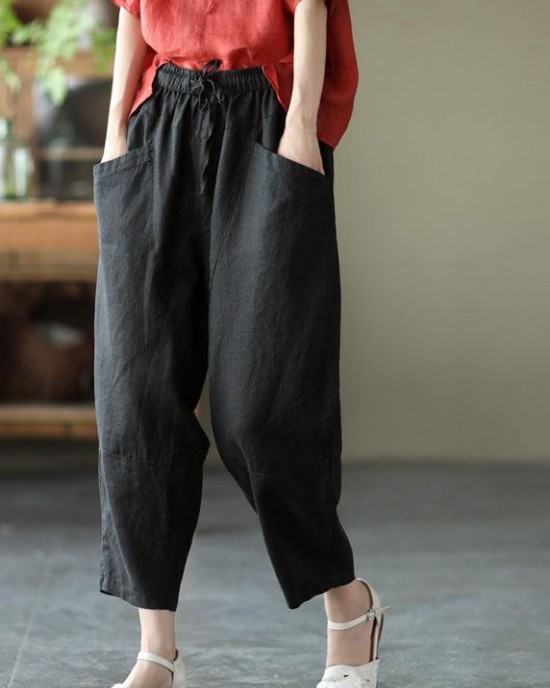 Art Khaki Tie Waist Pockets Summer Harem Pants Linen Art Khaki Tie Waist Pockets Summer Harem Pants Linen