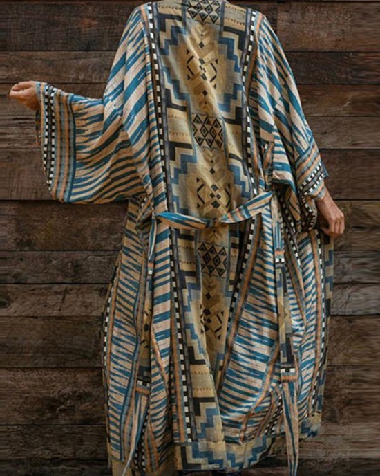 Bohemian Blue Geometric Print Long sleeve kimono robe Mid Summer Cotton