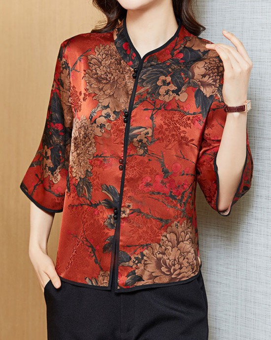Vintage Red Mandarin Collar Print Silk Shirt Tops Half Sleeve Vintage Red Mandarin Collar Print Silk Shirt Tops Half Sleeve