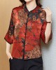 Vintage Red Mandarin Collar Print Silk Shirt Tops Half Sleeve Vintage Red Mandarin Collar Print Silk Shirt Tops Half Sleeve