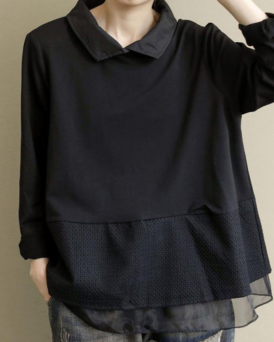 Plus Size Black Tops Lapel Patchwork Clothes Pattern Plus Size Black Tops Lapel Patchwork Clothes Pattern