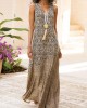 Women Khaki V Neck Patchwork Print Party Long Dress Sleeveless Women Khaki V Neck Patchwork Print Party Long Dress Sleeveless