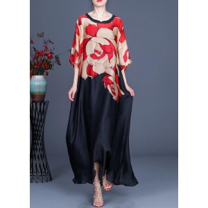 Plus Size Red Print O-Neck Chiffon Summer Dress