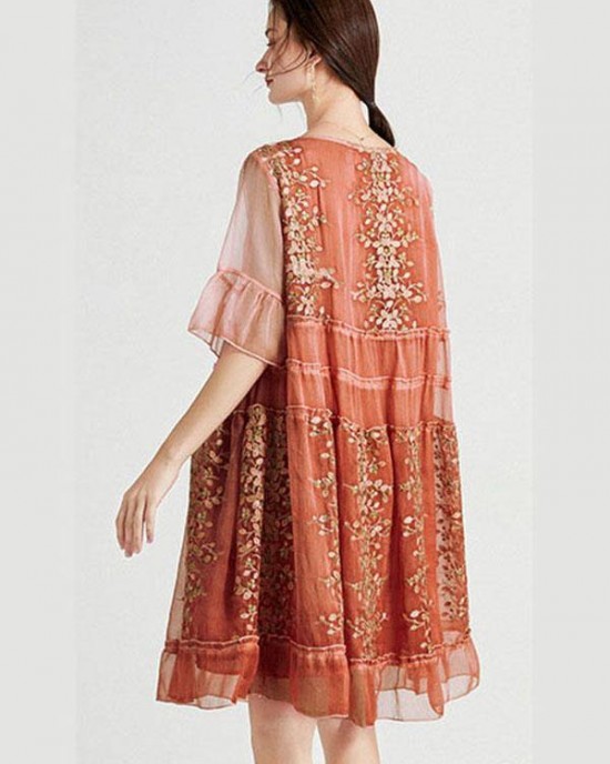 Art Green Embroideried O-Neck Loose Summer Flare Sleeve Dress Art Green Embroideried O-Neck Loose Summer Flare Sleeve Dress