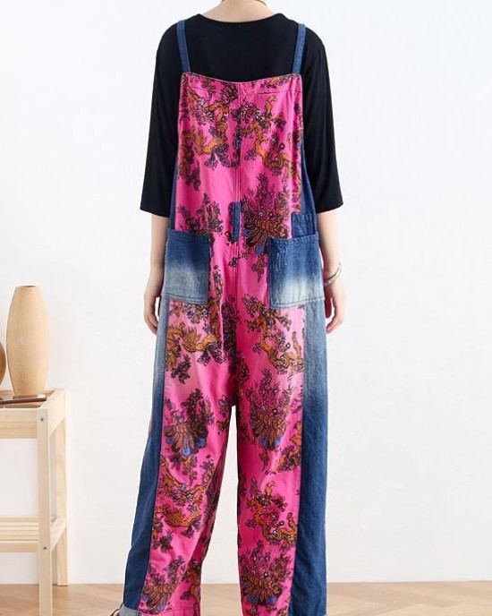 2025 retro national style rose printed loose denim overalls 2025 retro national style rose printed loose denim overalls