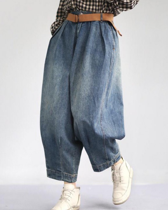 Women Spring Vintage Solid Loose Turnip Pants Jeans Women Spring Vintage Solid Loose Turnip Pants Jeans