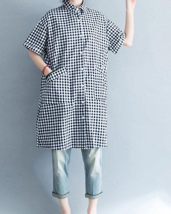 Unique black white plaid cotton linen shirts women stylish lapel pockets oversized Summer shirts Unique black white plaid cotton linen shirts women stylish lapel pockets oversized Summer shirts