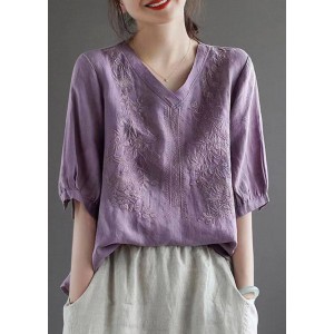 Purple V Neck Floral Embroideried T Shirt Half Sleeve