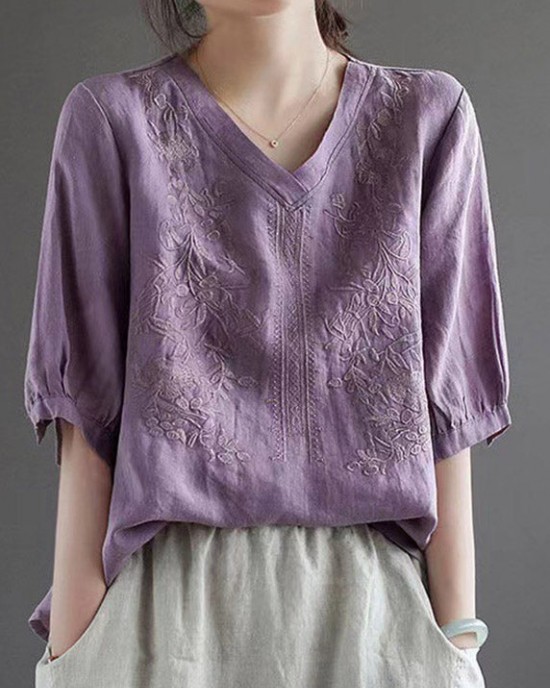 Purple V Neck Floral Embroideried T Shirt Half Sleeve Purple V Neck Floral Embroideried T Shirt Half Sleeve