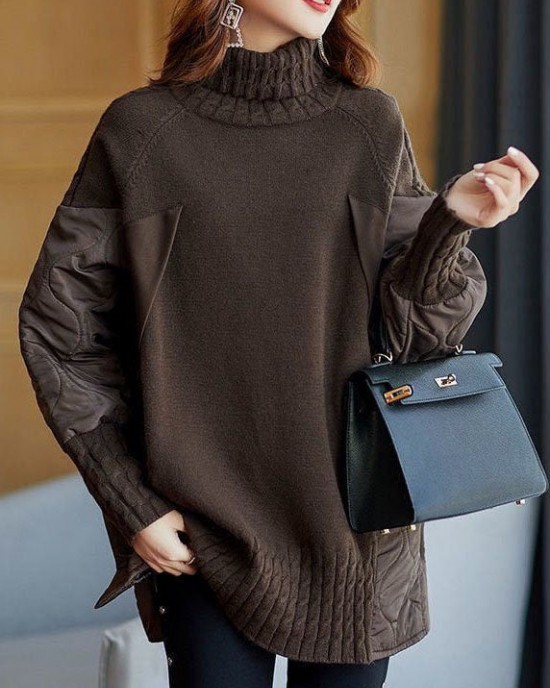 Simple Chocolate Turtleneck Patchwork Loose Fall Knit sweaters Simple Chocolate Turtleneck Patchwork Loose Fall Knit sweaters
