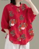 Art Red O-Neck Button Linen Loose Shirt Top Lantern Sleeve