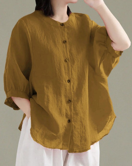 Art Red O-Neck Button Linen Loose Shirt Top Lantern Sleeve