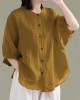 Art Red O-Neck Button Linen Loose Shirt Top Lantern Sleeve