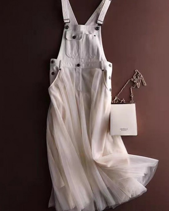 Unique White Tulle Patchwork Denim Strap Dress Summer Unique White Tulle Patchwork Denim Strap Dress Summer