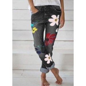 Casual Flower Print Button Denim Long Jeans For Women