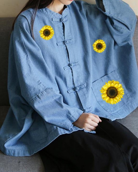 Loose stand collar Chinese Button clothes For Women Sleeve denim light blue shirts Loose stand collar Chinese Button clothes For Women Sleeve denim light blue shirts