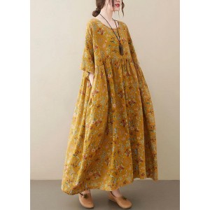 Natural  light Yellow O-Neck Pockets Print Summer Sundress
