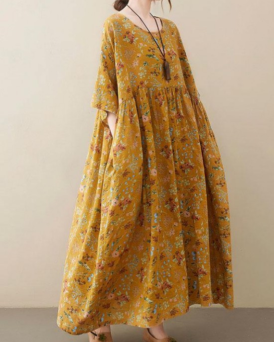 Natural light Yellow O-Neck Pockets Print Summer Sundress Natural light Yellow O-Neck Pockets Print Summer Sundress