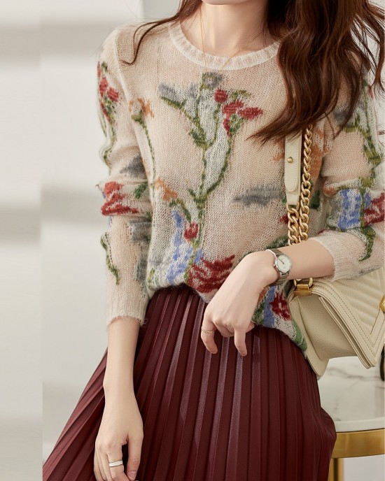 French O-Neck Floral Hollow Out Knit Sweaters Spring French O-Neck Floral Hollow Out Knit Sweaters Spring