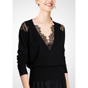 Women Black V Neck Lace Patchwork Hollow Out Wool Knitted Tops Winter