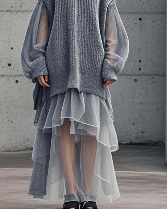 Bohemian Grey Oversized Patchwork Tulle Sweater Dress Fall Bohemian Grey Oversized Patchwork Tulle Sweater Dress Fall