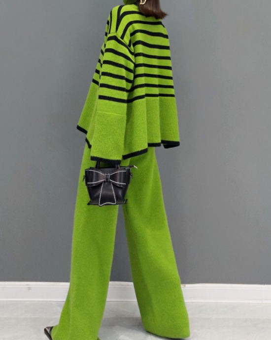 Organic Green Turtle Neck Striped wide leg pants Knit Two Pieces Set Spring Organic Green Turtle Neck Striped wide leg pants Knit Two Pieces Set Spring