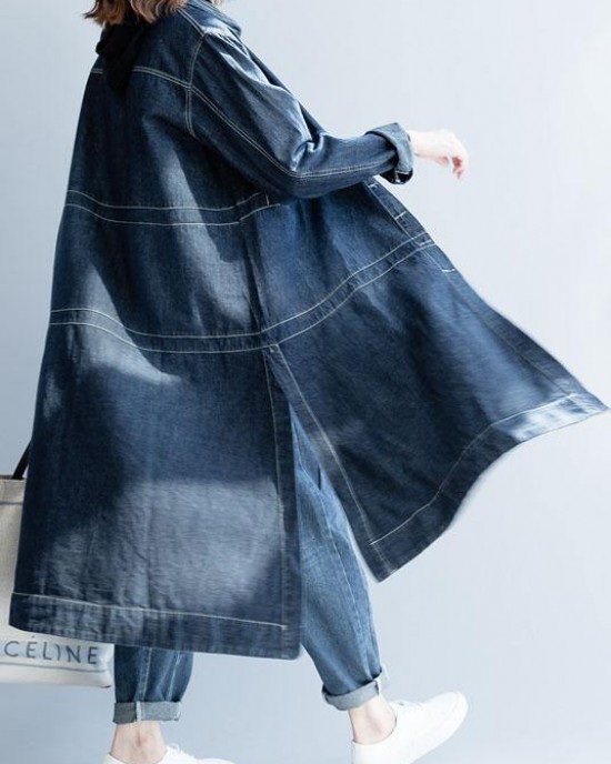 Chic side open Fine coats women denim blue loose jackets fall Chic side open Fine coats women denim blue loose jackets fall
