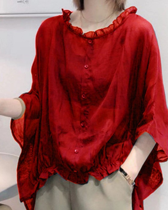 Art Navy Tops Ruffles Trim Half Sleeve Shirts Blouse Plus Size
