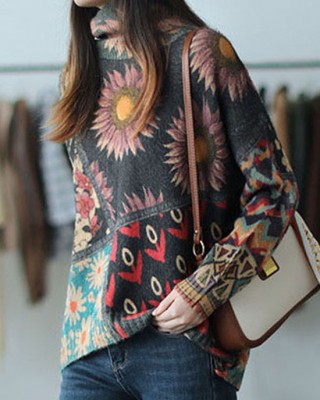 Beautiful Turtle Neck Print Mink Hair Knitted Sweater Tops Winter