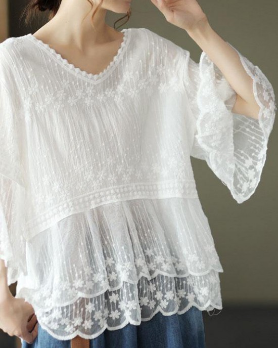 Loose Khaki O-Neck Embroideried Patchwork Summer Shirts Half Sleeve Loose Khaki O-Neck Embroideried Patchwork Summer Shirts Half Sleeve