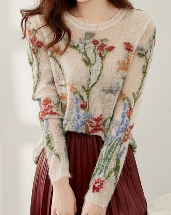 French O-Neck Floral Hollow Out Knit Sweaters Spring French O-Neck Floral Hollow Out Knit Sweaters Spring