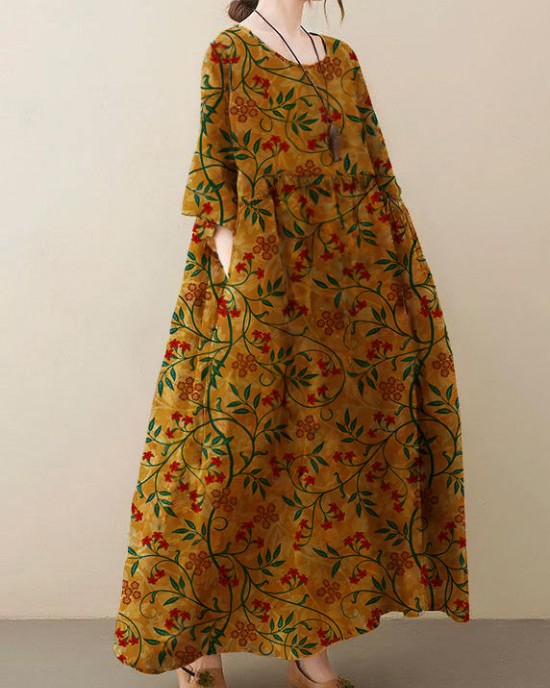 Natural light Yellow O-Neck Pockets Print Summer Sundress Natural light Yellow O-Neck Pockets Print Summer Sundress