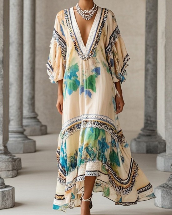 Beautiful Apricot V Neck Print Chiffon Holiday Dress Summer Beautiful Apricot V Neck Print Chiffon Holiday Dress Summer