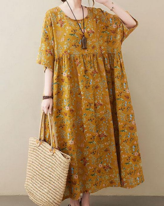 Natural light Yellow O-Neck Pockets Print Summer Sundress Natural light Yellow O-Neck Pockets Print Summer Sundress