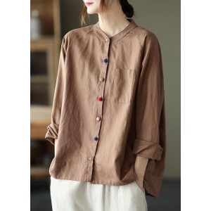 Handmade Khaki Retro O-Neck Button Fall Top Long Sleeve