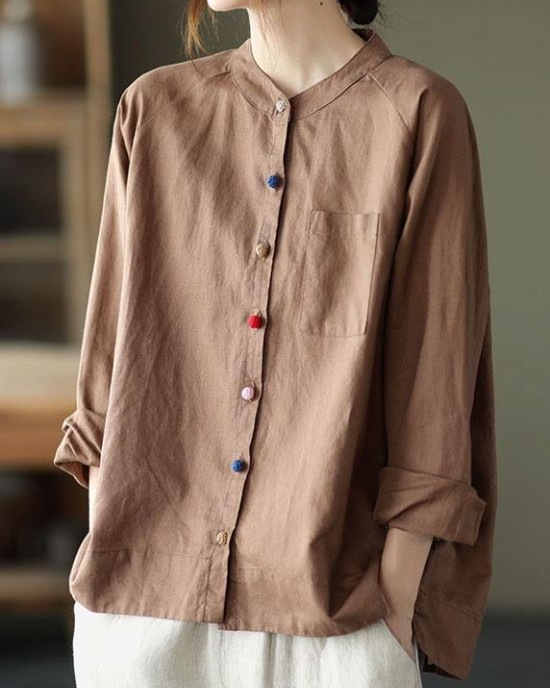 Handmade Khaki Retro O-Neck Button Fall Top Long Sleeve Handmade Khaki Retro O-Neck Button Fall Top Long Sleeve