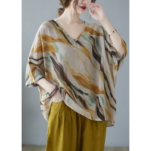 Elegant Yellow V Neck Print Fall Striped Shirt Tops Half Sleeve