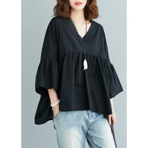 Black V Neck Patchwork Asymmetrical Design Fall Top Three Quarter sleeve