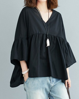 Black V Neck Patchwork Asymmetrical Design Fall Top Three Quarter sleeve