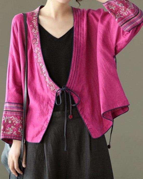 Women Red Embroideried Long sleeve Linen Shirt Women Red Embroideried Long sleeve Linen Shirt